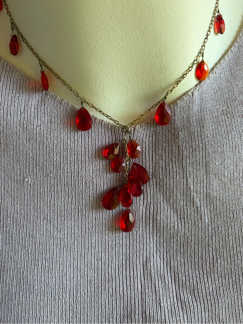 Vintage CHAPS Gold-Tone Red Teardrop Crystal Cluster Pendant Necklace